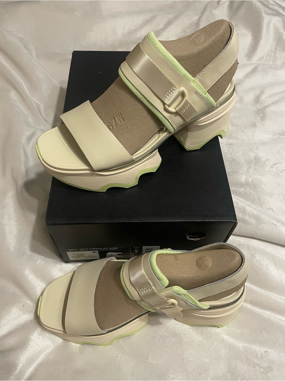 Sorel Kinetic Impact Slingback Heel Sandals in Cream and Lime Green - Picture 3 of 7